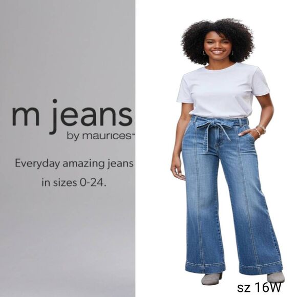 M Jeans by Maurice High Rise Wide Leg Trending Distressed Blue Denim Jeans - Picture 1 of 9